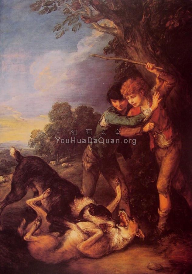 Shepherd Boys with Dogs Fighting - 托马斯·庚斯博罗